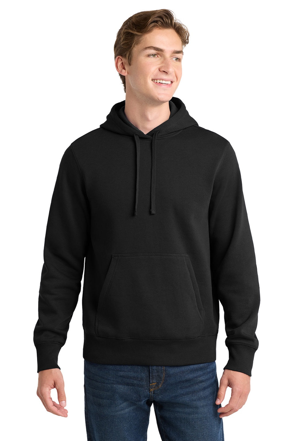 Sport-Tek ST254/TST254 Mens Shrink Resistant Fleece Hooded Sweatshirt Hoodie w/ Pouch Pocket Black Model Front