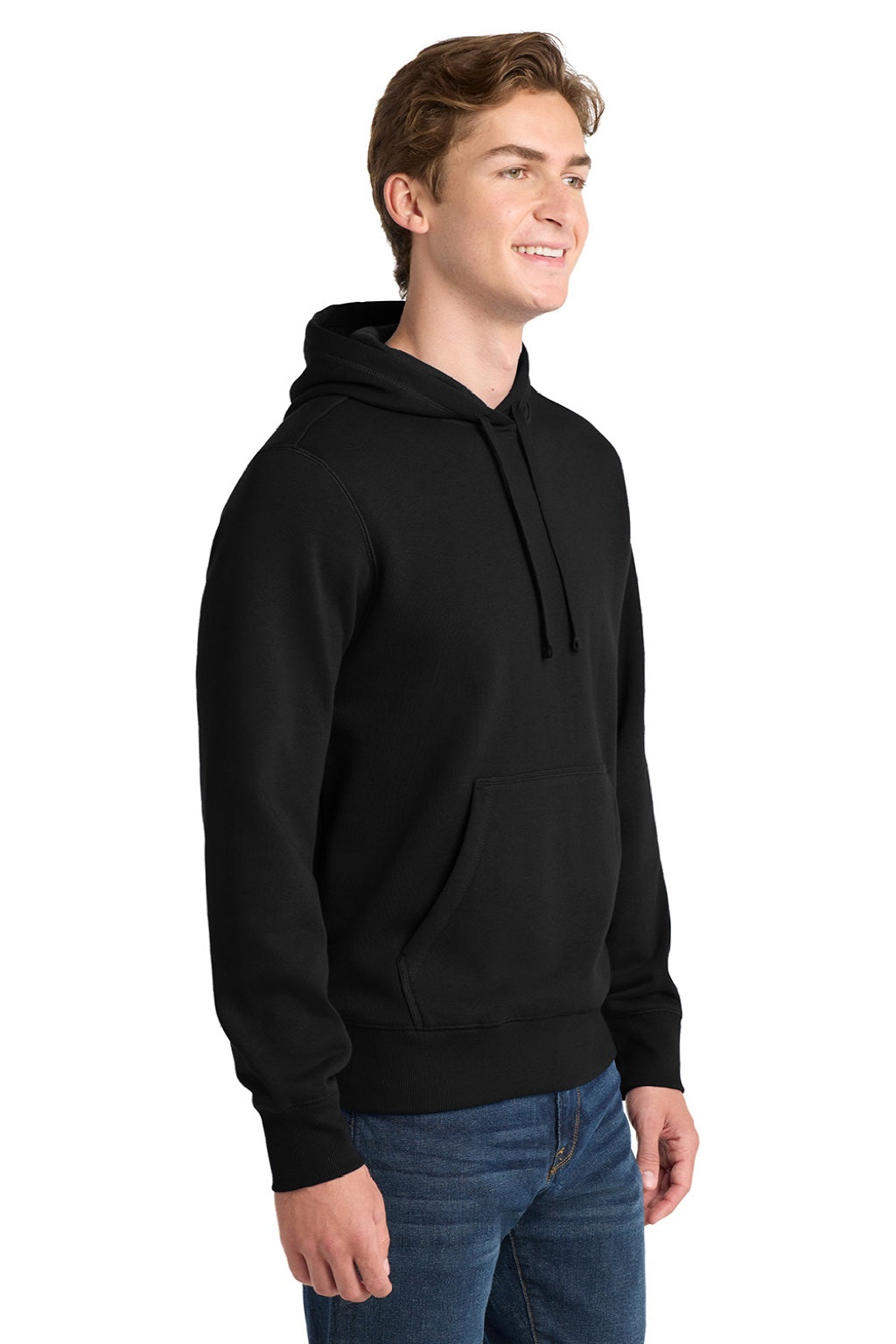 Sport-Tek ST254/TST254 Mens Shrink Resistant Fleece Hooded Sweatshirt Hoodie w/ Pouch Pocket Black Model Side