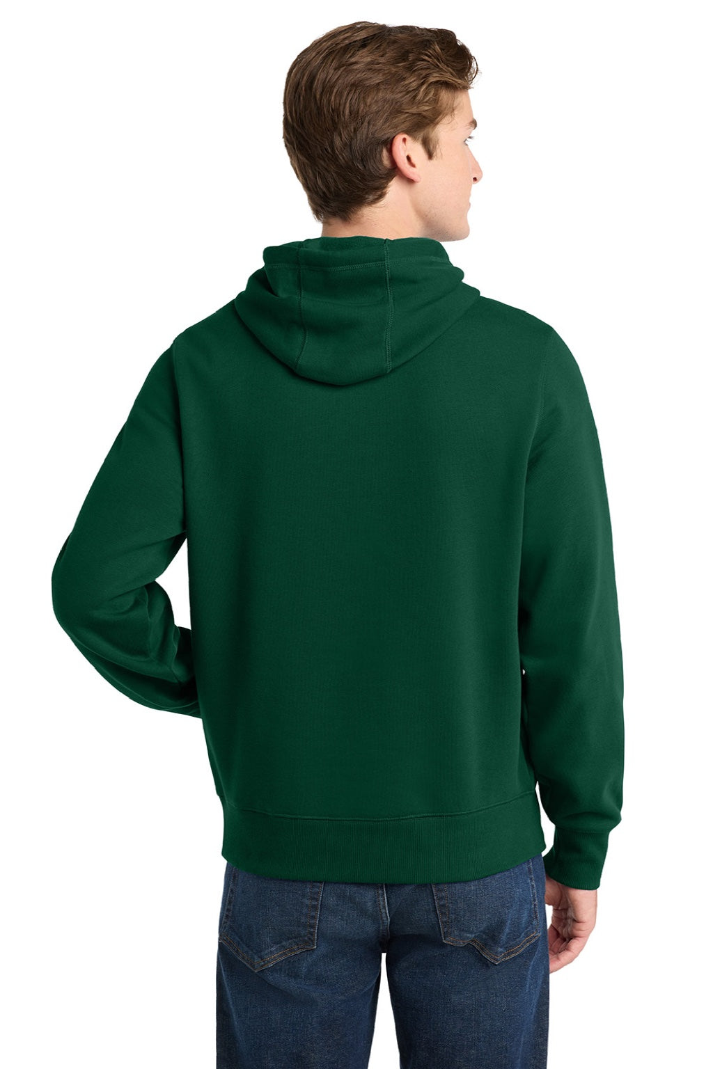 Sport-Tek ST254/TST254 Mens Shrink Resistant Fleece Hooded Sweatshirt Hoodie w/ Pouch Pocket Forest Green Model Back