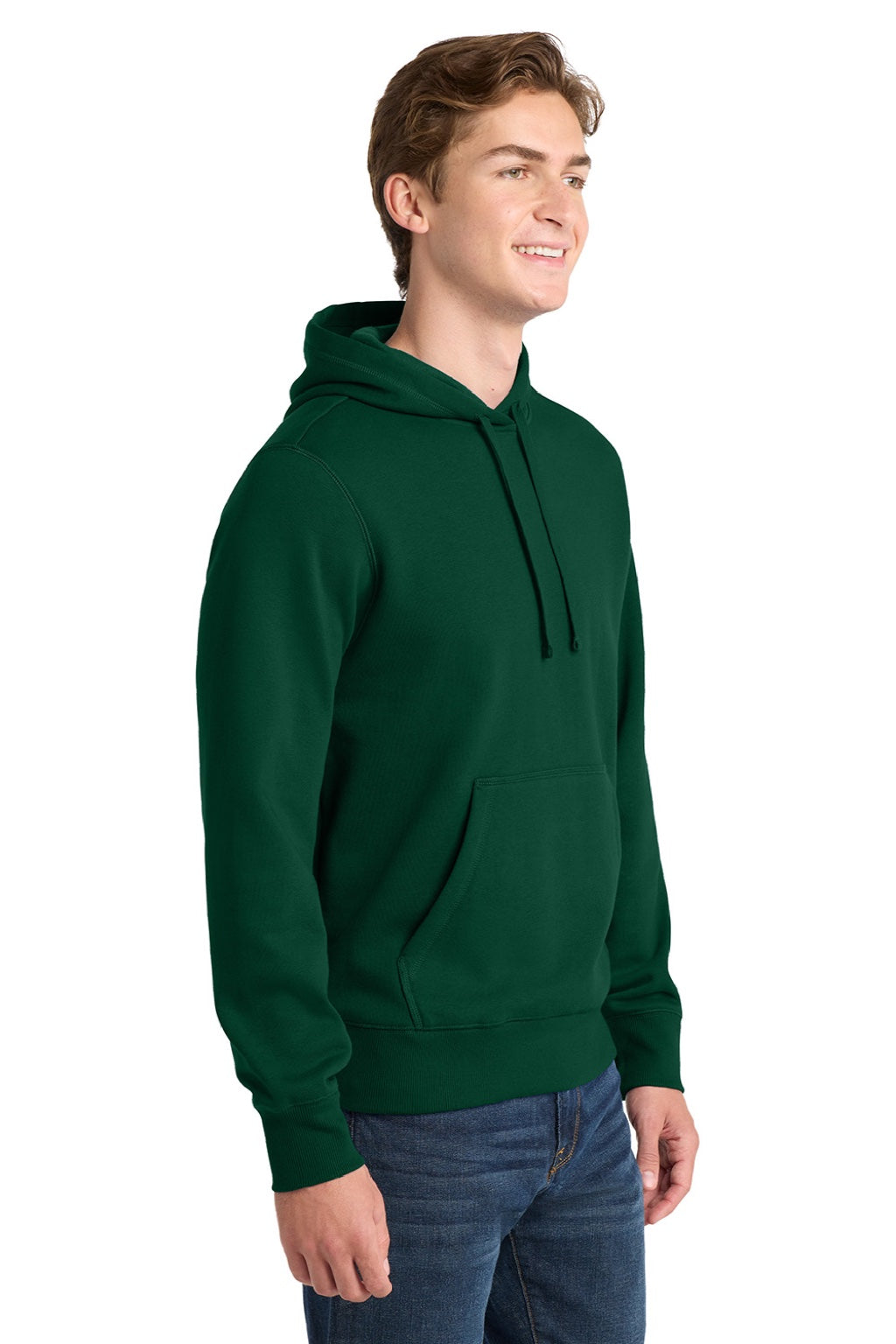 Sport-Tek ST254/TST254 Mens Shrink Resistant Fleece Hooded Sweatshirt Hoodie w/ Pouch Pocket Forest Green Model Side
