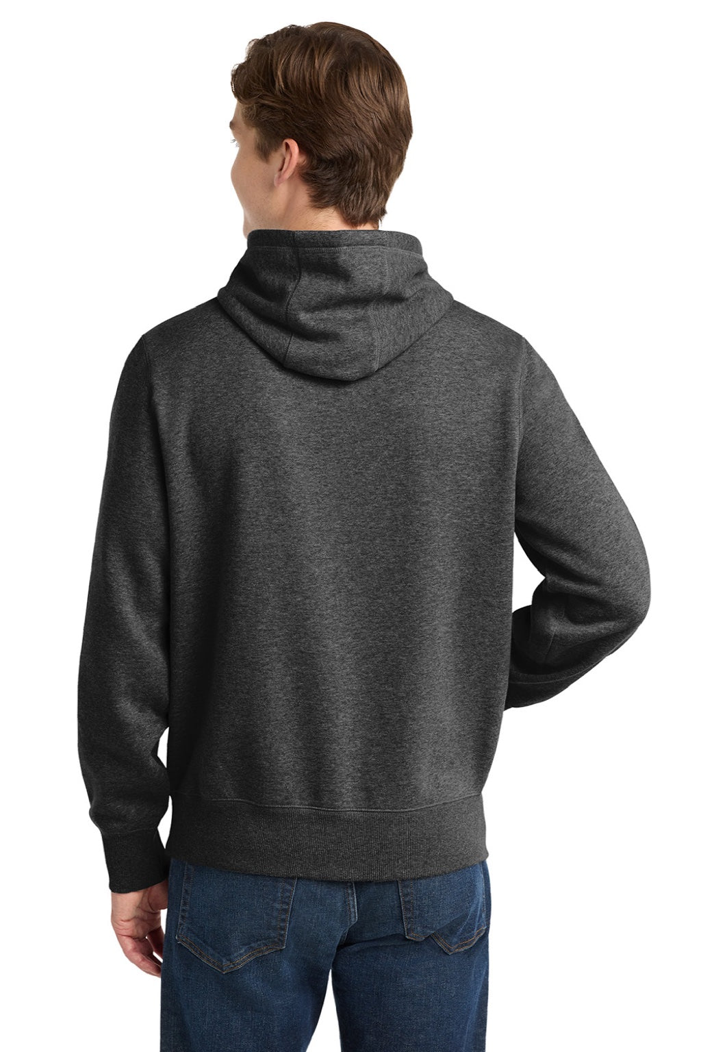 Sport-Tek ST254/TST254 Mens Shrink Resistant Fleece Hooded Sweatshirt Hoodie w/ Pouch Pocket Heather Graphite Grey Model Back