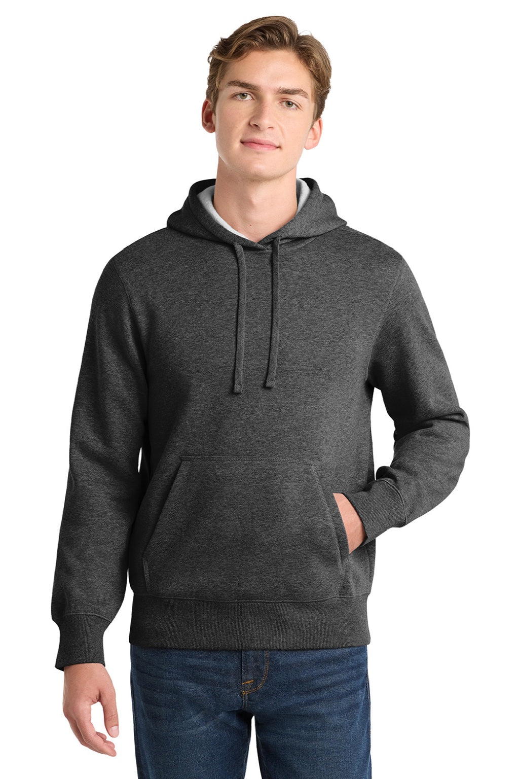 Sport-Tek ST254/TST254 Mens Shrink Resistant Fleece Hooded Sweatshirt Hoodie w/ Pouch Pocket Heather Graphite Grey Model Front