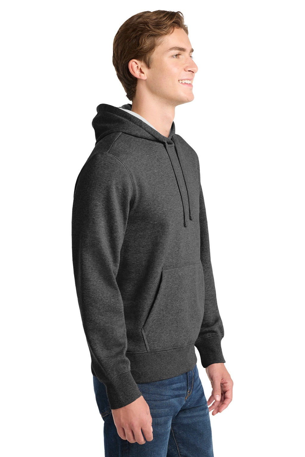 Sport-Tek ST254/TST254 Mens Shrink Resistant Fleece Hooded Sweatshirt Hoodie w/ Pouch Pocket Heather Graphite Grey Model Side
