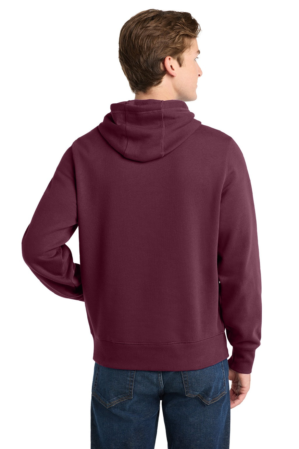 Sport-Tek ST254/TST254 Mens Shrink Resistant Fleece Hooded Sweatshirt Hoodie w/ Pouch Pocket Maroon Model Back