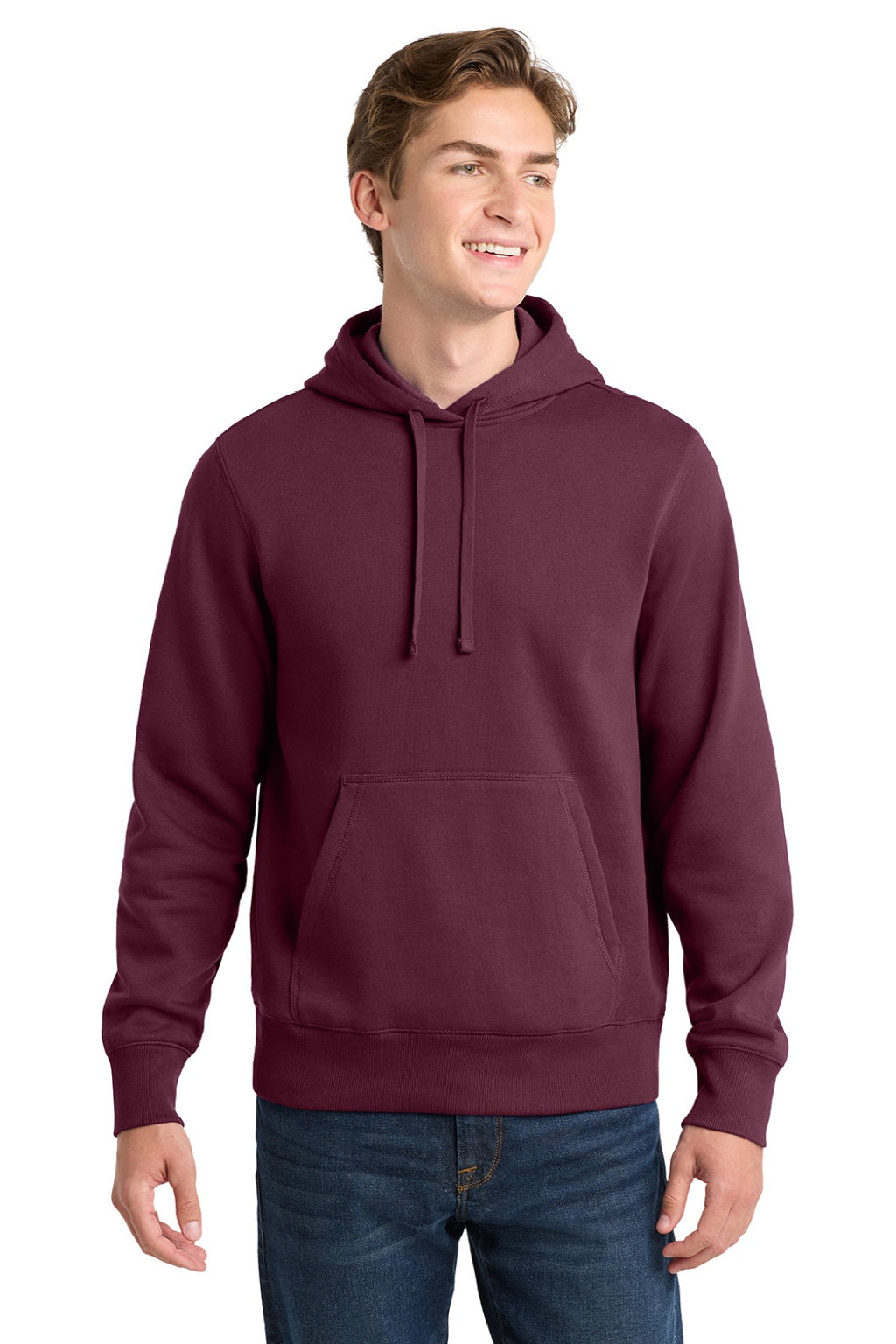 Sport-Tek ST254/TST254 Mens Shrink Resistant Fleece Hooded Sweatshirt Hoodie w/ Pouch Pocket Maroon Model Front