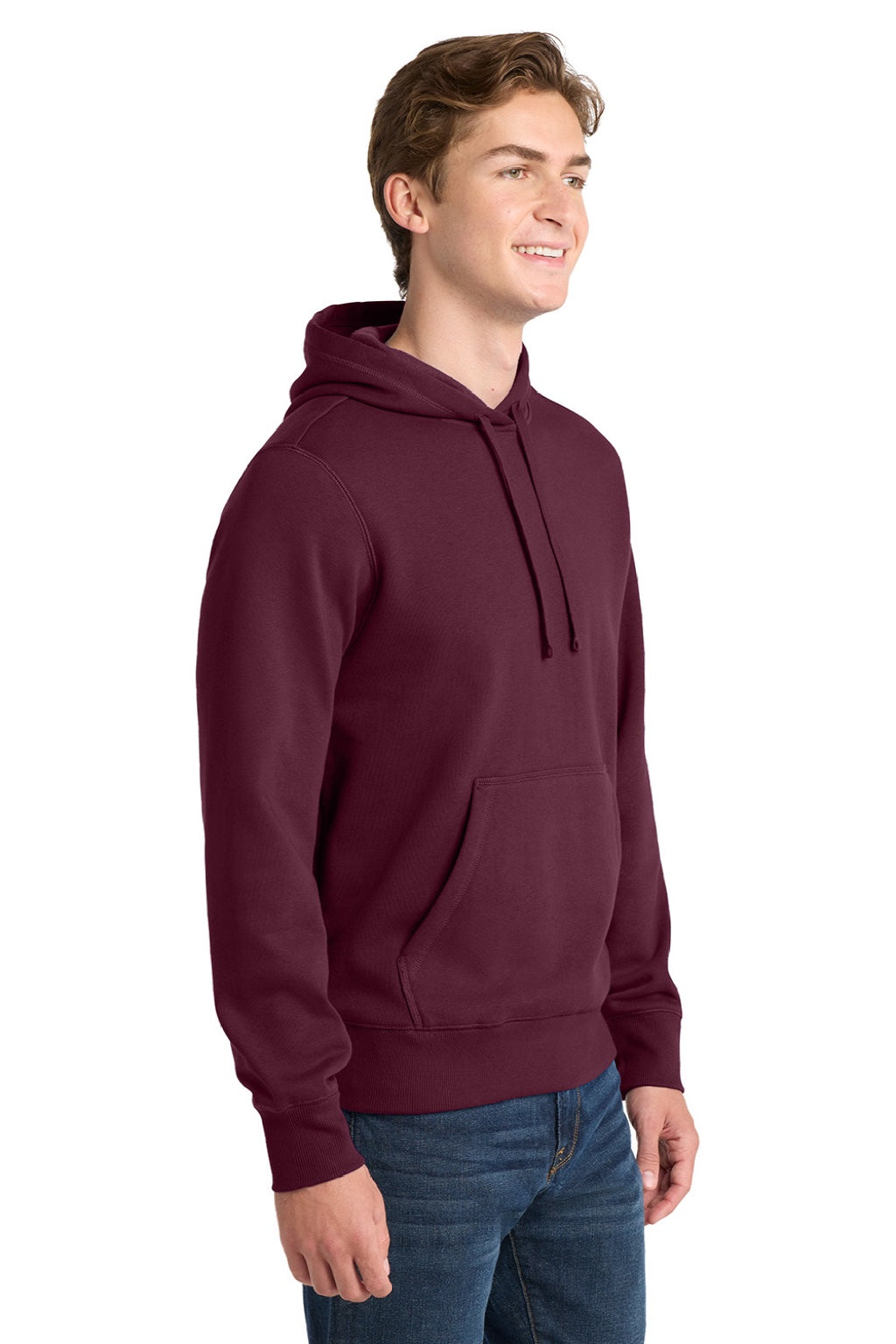 Sport-Tek ST254/TST254 Mens Shrink Resistant Fleece Hooded Sweatshirt Hoodie w/ Pouch Pocket Maroon Model Side