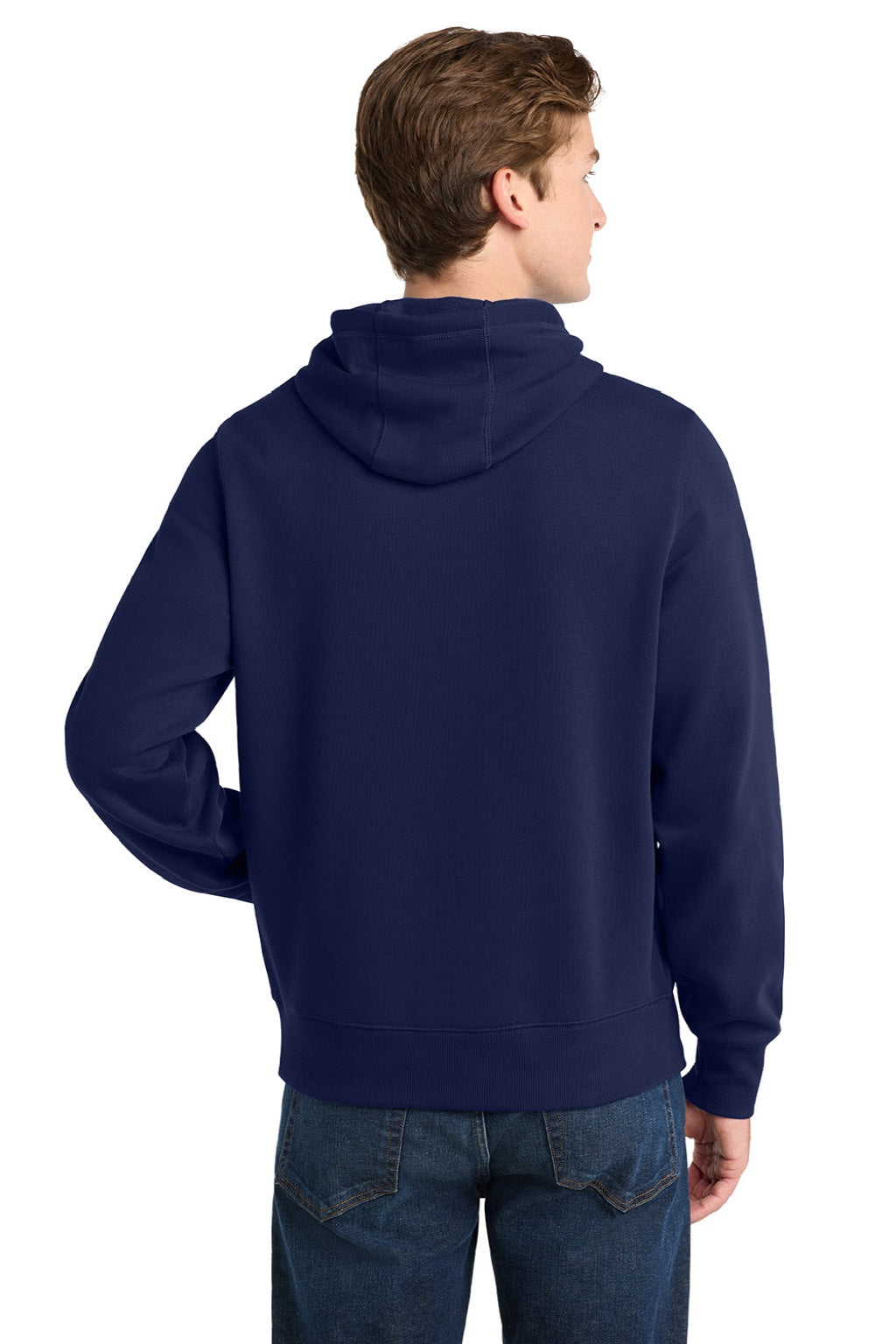 Sport-Tek ST254/TST254 Mens Shrink Resistant Fleece Hooded Sweatshirt Hoodie w/ Pouch Pocket True Navy Blue Model Back