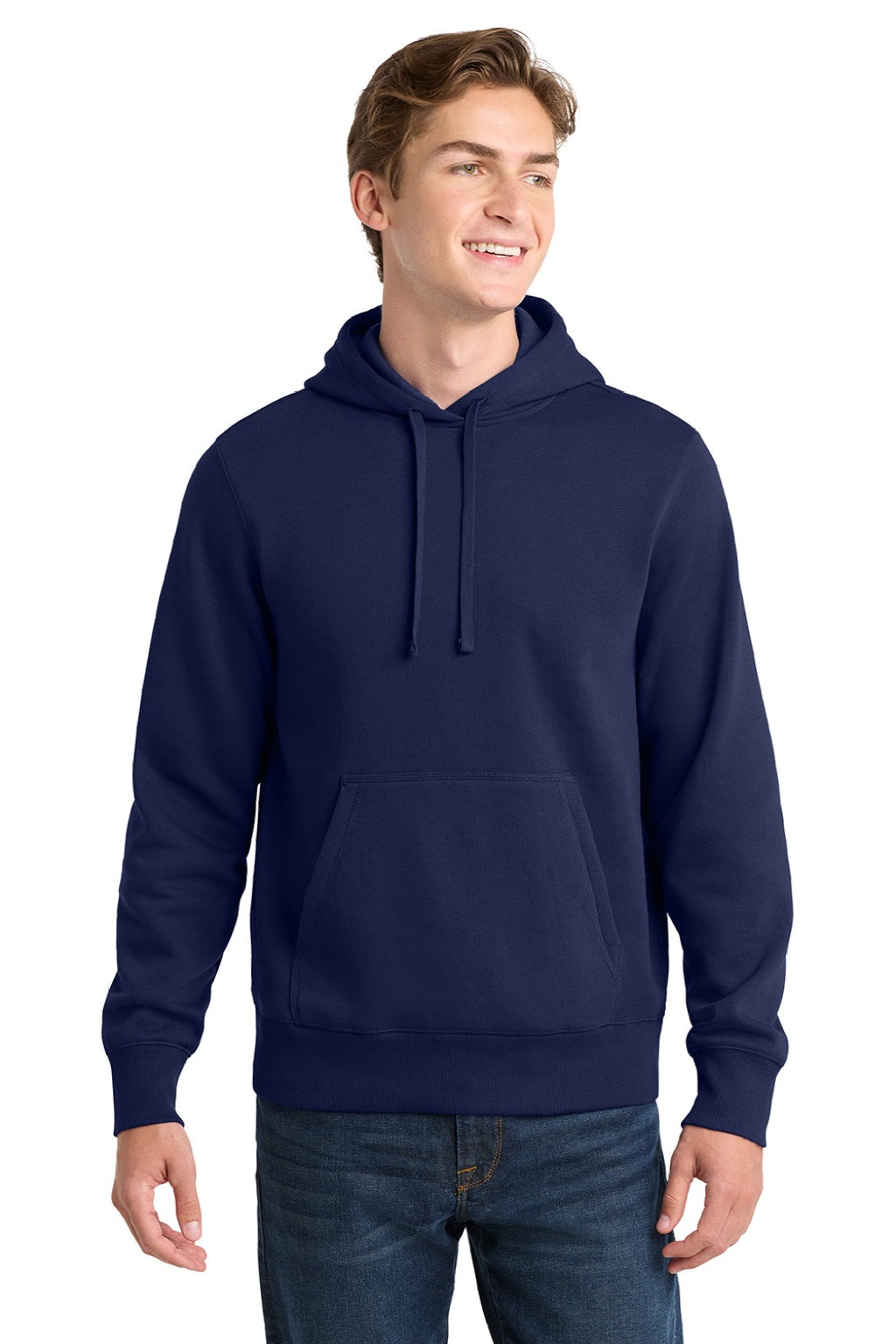 Sport-Tek ST254/TST254 Mens Shrink Resistant Fleece Hooded Sweatshirt Hoodie w/ Pouch Pocket True Navy Blue Model Front