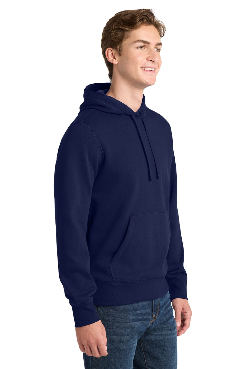 Sport-Tek ST254/TST254 Mens Shrink Resistant Fleece Hooded Sweatshirt Hoodie w/ Pouch Pocket True Navy Blue Model Side