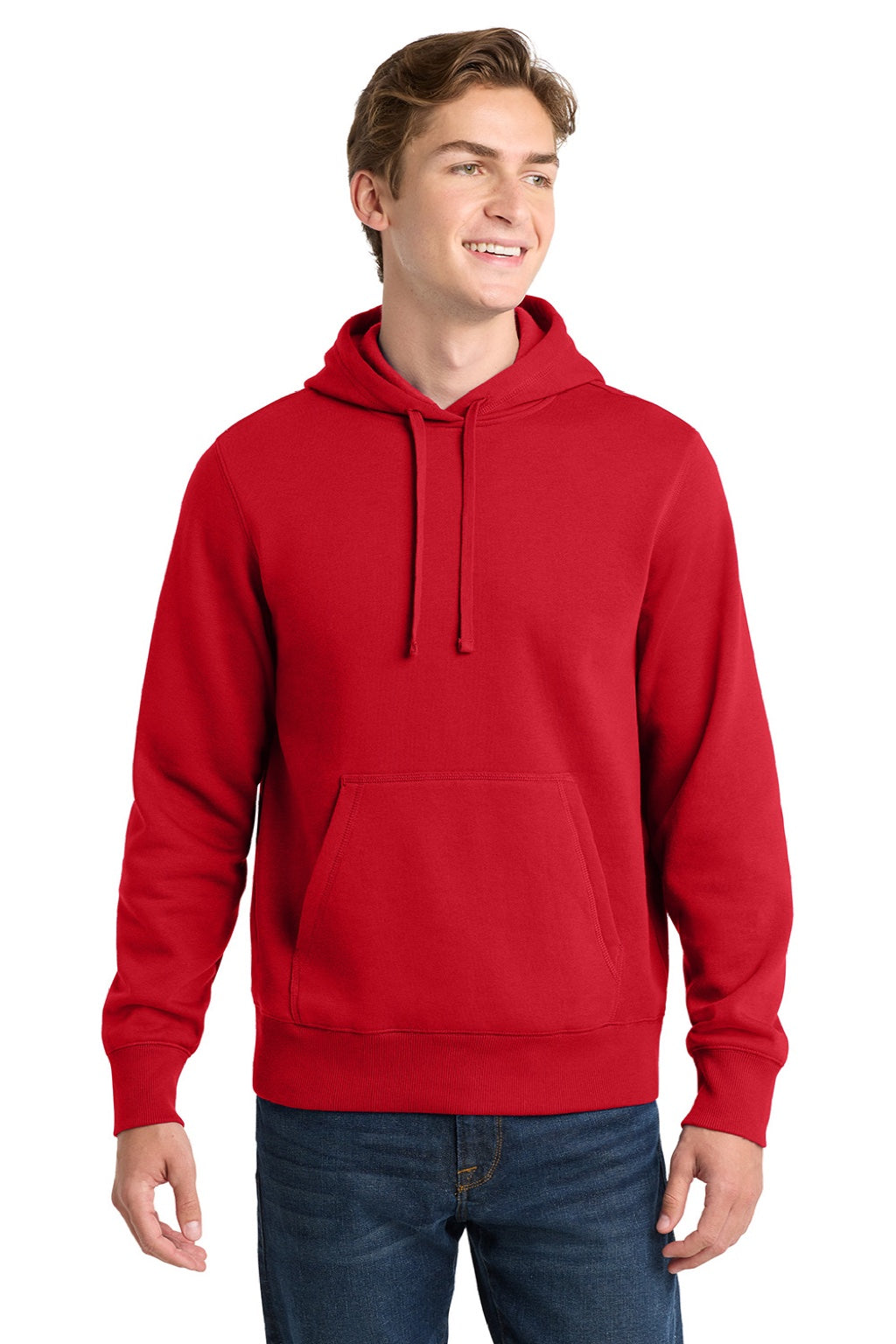 Sport-Tek ST254/TST254 Mens Shrink Resistant Fleece Hooded Sweatshirt Hoodie w/ Pouch Pocket True Red Model Front