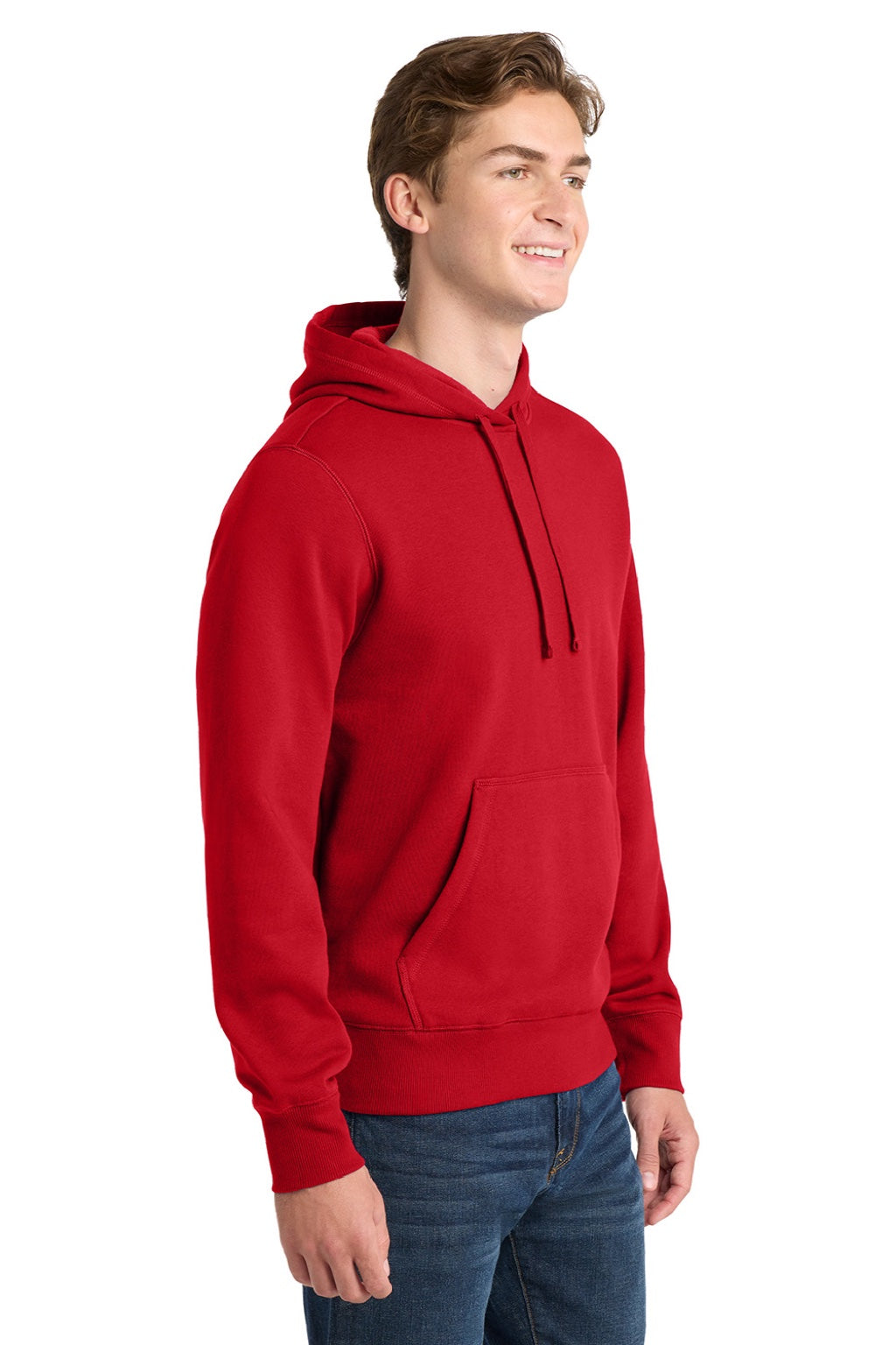 Sport-Tek ST254/TST254 Mens Shrink Resistant Fleece Hooded Sweatshirt Hoodie w/ Pouch Pocket True Red Model Side
