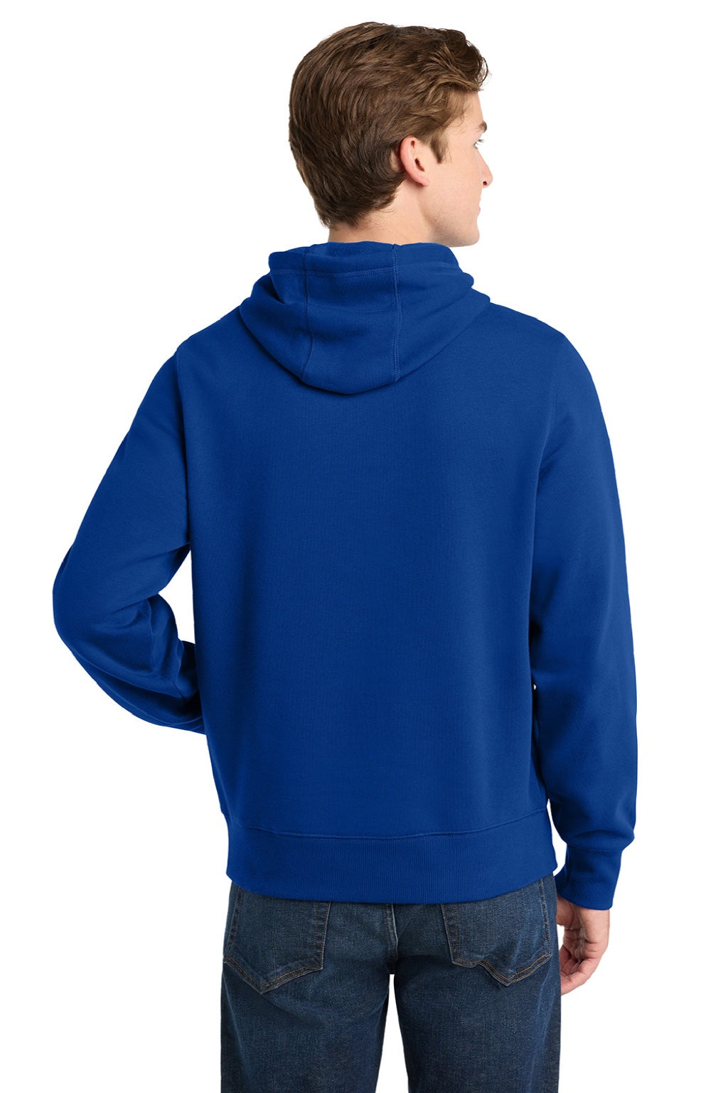 Sport-Tek ST254/TST254 Mens Shrink Resistant Fleece Hooded Sweatshirt Hoodie w/ Pouch Pocket True Royal Blue Model Back
