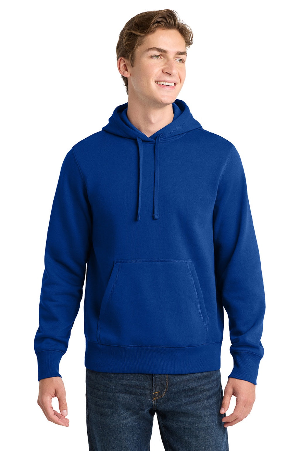 Sport-Tek ST254/TST254 Mens Shrink Resistant Fleece Hooded Sweatshirt Hoodie w/ Pouch Pocket True Royal Blue Model Front