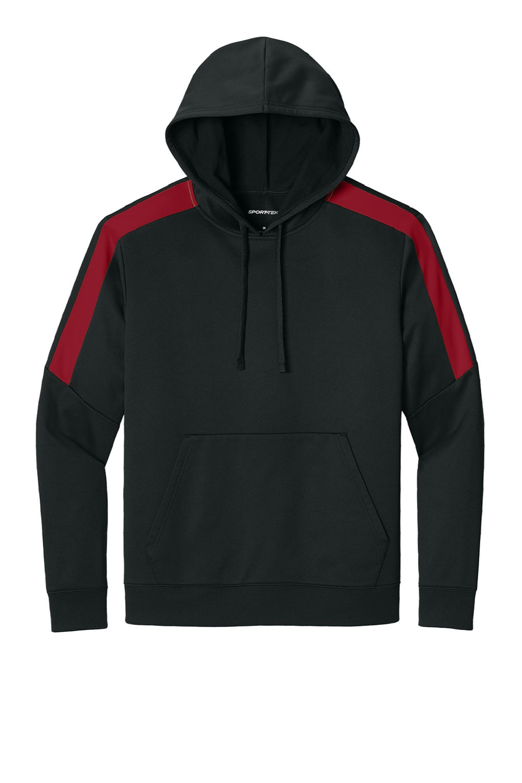 Sport-Tek ST255 Mens Sport-Wick Moisture Wicking United Fleece Hooded Sweatshirt Hoodie w/ Pouch Pocket Black/Deep Red Flat Front