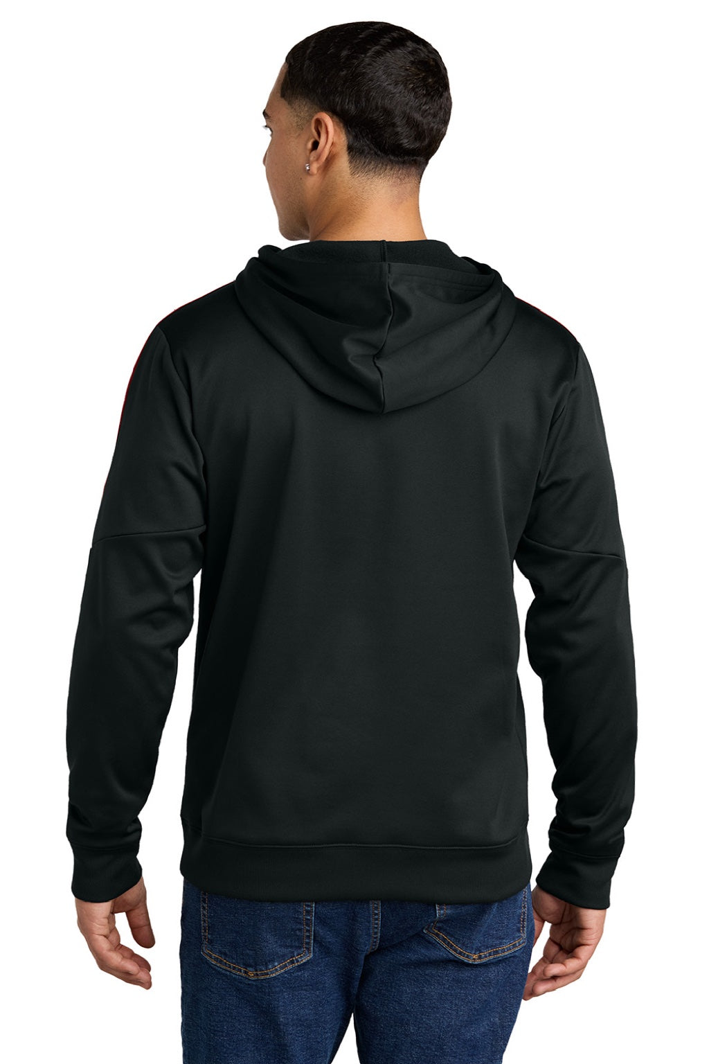Sport-Tek ST255 Mens Sport-Wick Moisture Wicking United Fleece Hooded Sweatshirt Hoodie w/ Pouch Pocket Black/Deep Red Model Back