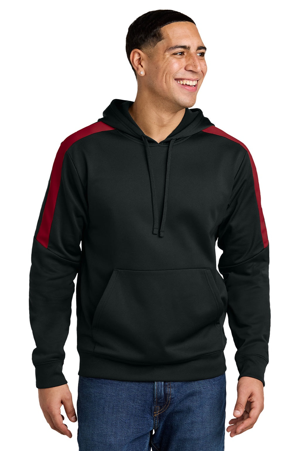 Sport-Tek ST255 Mens Sport-Wick Moisture Wicking United Fleece Hooded Sweatshirt Hoodie w/ Pouch Pocket Black/Deep Red Model Front