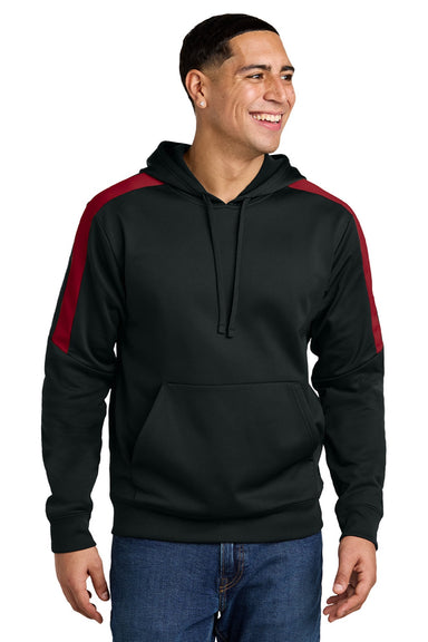 Sport-Tek ST255 Mens Sport-Wick Moisture Wicking United Fleece Hooded Sweatshirt Hoodie w/ Pouch Pocket Black/Deep Red Model Front