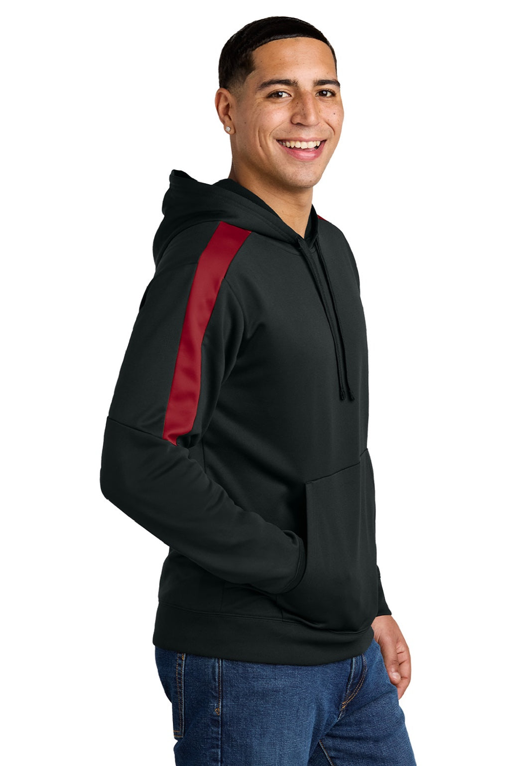 Sport-Tek ST255 Mens Sport-Wick Moisture Wicking United Fleece Hooded Sweatshirt Hoodie w/ Pouch Pocket Black/Deep Red Model Side
