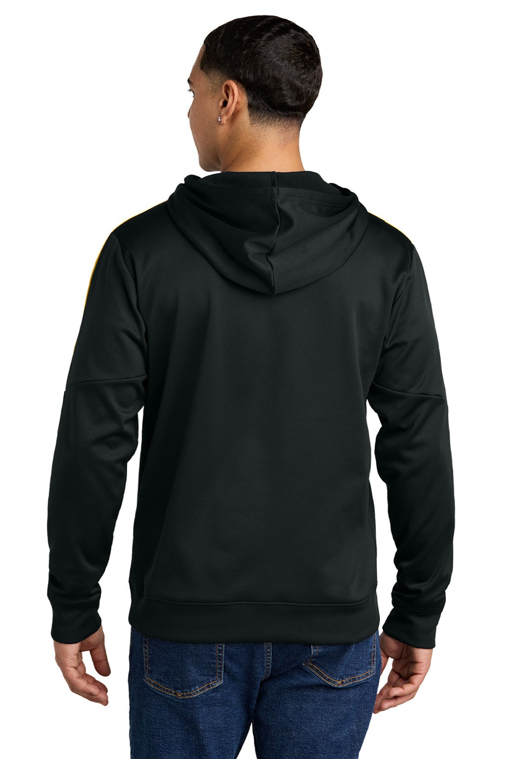 Sport-Tek ST255 Mens Sport-Wick Moisture Wicking United Fleece Hooded Sweatshirt Hoodie w/ Pouch Pocket Black/Gold Model Back