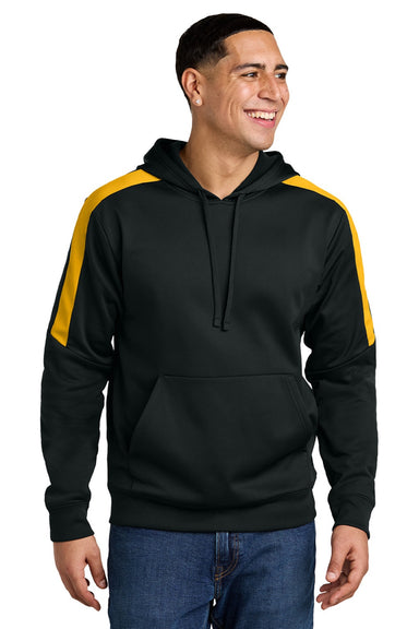 Sport-Tek ST255 Mens Sport-Wick Moisture Wicking United Fleece Hooded Sweatshirt Hoodie w/ Pouch Pocket Black/Gold Model Front