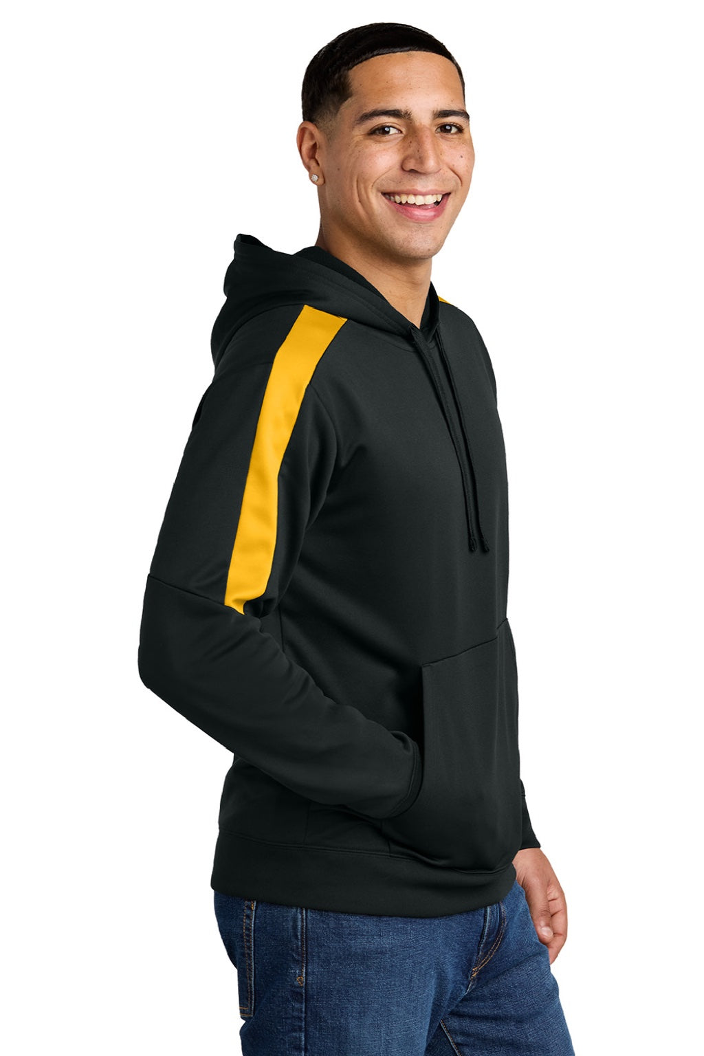 Sport-Tek ST255 Mens Sport-Wick Moisture Wicking United Fleece Hooded Sweatshirt Hoodie w/ Pouch Pocket Black/Gold Model Side