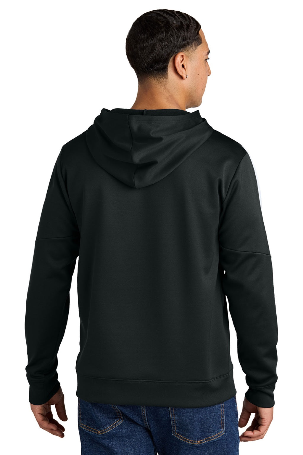 Sport-Tek ST255 Mens Sport-Wick Moisture Wicking United Fleece Hooded Sweatshirt Hoodie w/ Pouch Pocket Black/White Model Back
