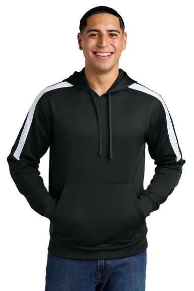Sport-Tek ST255 Mens Sport-Wick Moisture Wicking United Fleece Hooded Sweatshirt Hoodie w/ Pouch Pocket Black/White Model Front