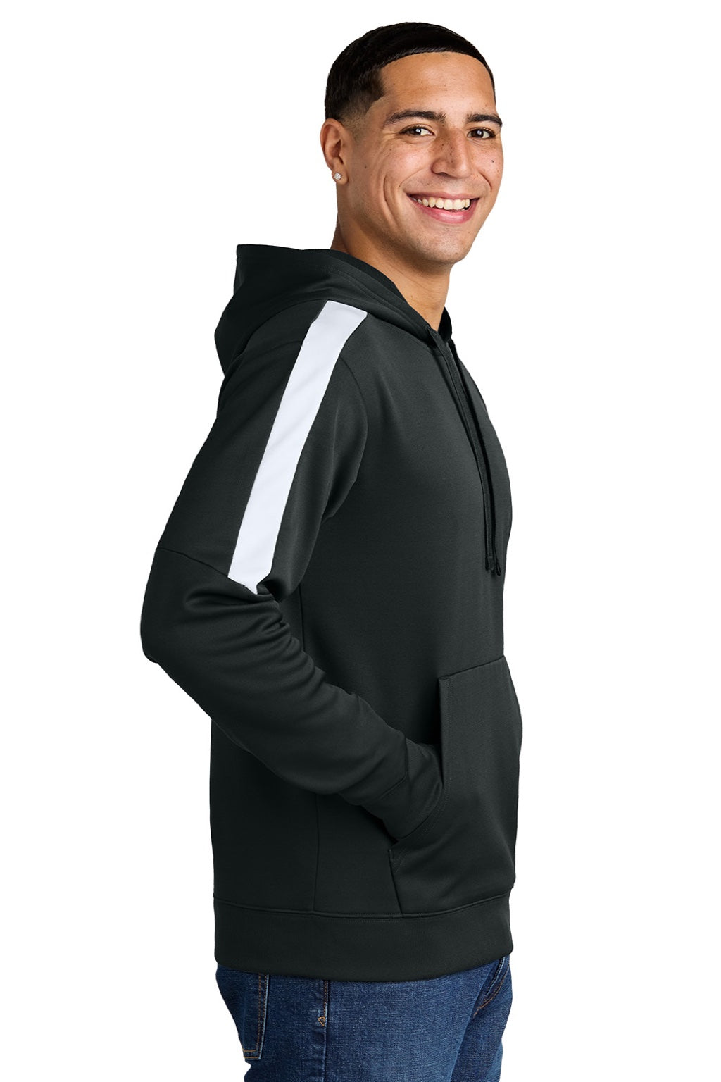 Sport-Tek ST255 Mens Sport-Wick Moisture Wicking United Fleece Hooded Sweatshirt Hoodie w/ Pouch Pocket Black/White Model Side
