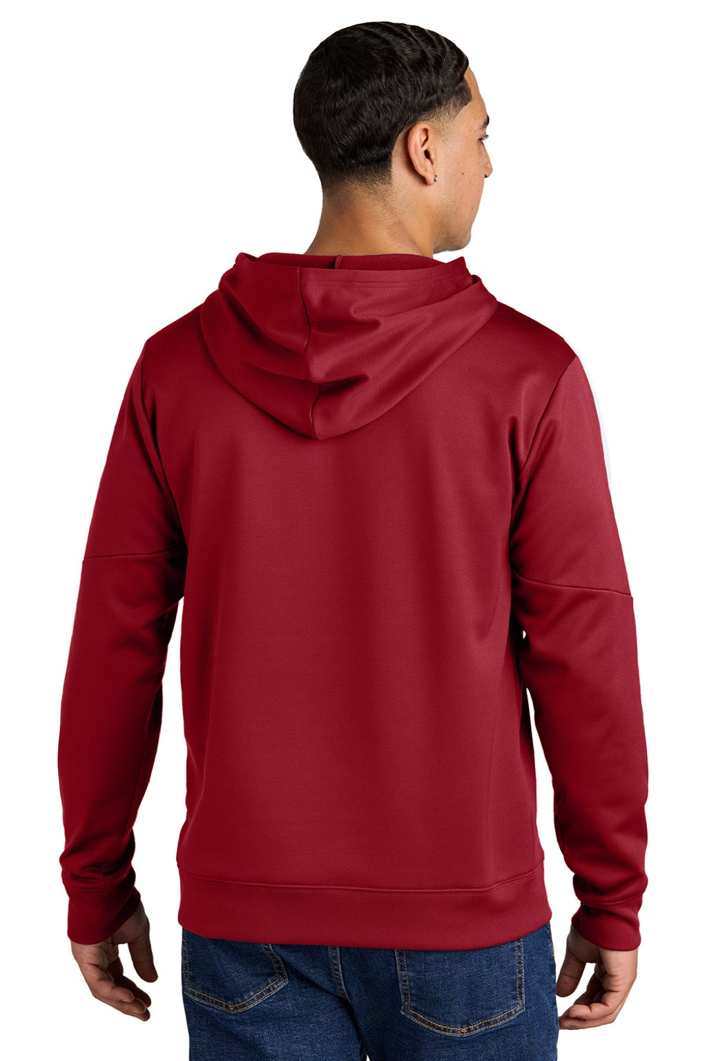 Sport-Tek ST255 Mens Sport-Wick Moisture Wicking United Fleece Hooded Sweatshirt Hoodie w/ Pouch Pocket Deep Red/White Model Back