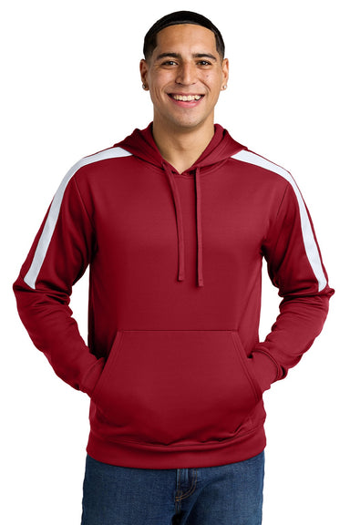 Sport-Tek ST255 Mens Sport-Wick Moisture Wicking United Fleece Hooded Sweatshirt Hoodie w/ Pouch Pocket Deep Red/White Model Front