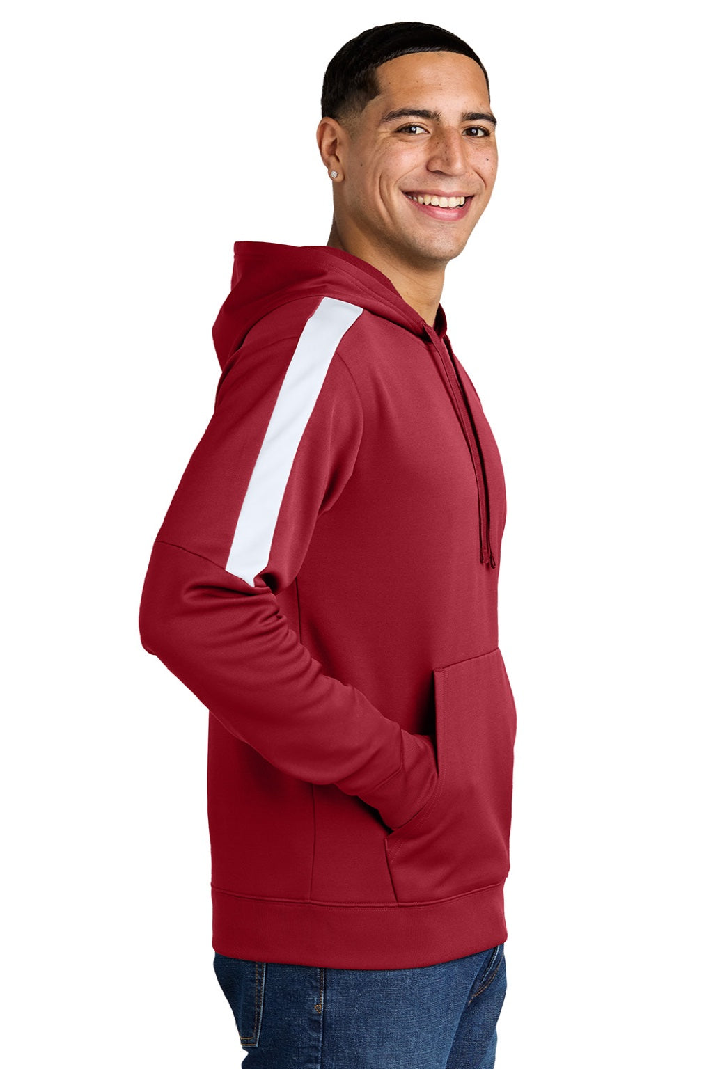 Sport-Tek ST255 Mens Sport-Wick Moisture Wicking United Fleece Hooded Sweatshirt Hoodie w/ Pouch Pocket Deep Red/White Model Side