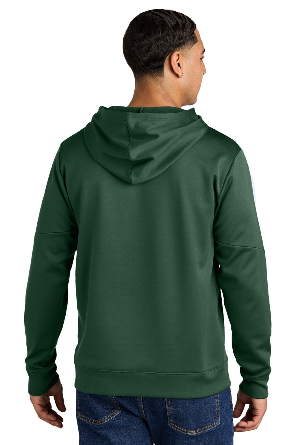 Sport-Tek ST255 Mens Sport-Wick Moisture Wicking United Fleece Hooded Sweatshirt Hoodie w/ Pouch Pocket Forest Green/White Model Back