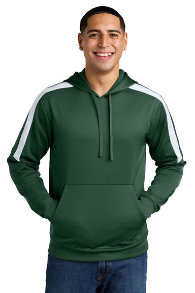 Sport-Tek ST255 Mens Sport-Wick Moisture Wicking United Fleece Hooded Sweatshirt Hoodie w/ Pouch Pocket Forest Green/White Model Front