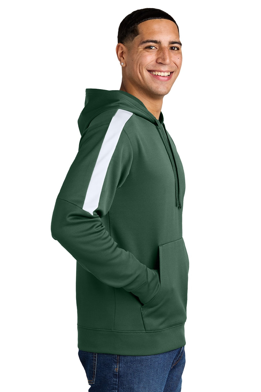 Sport-Tek ST255 Mens Sport-Wick Moisture Wicking United Fleece Hooded Sweatshirt Hoodie w/ Pouch Pocket Forest Green/White Model Side