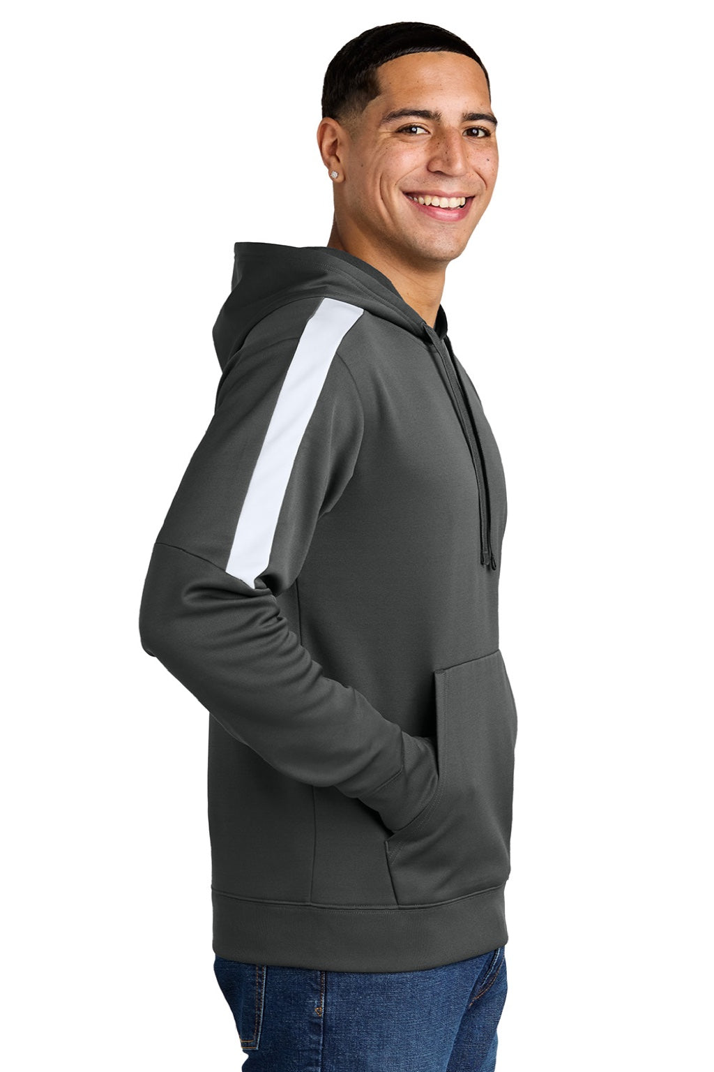 Sport-Tek ST255 Mens Sport-Wick Moisture Wicking United Fleece Hooded Sweatshirt Hoodie w/ Pouch Pocket Iron Grey/White Model Side