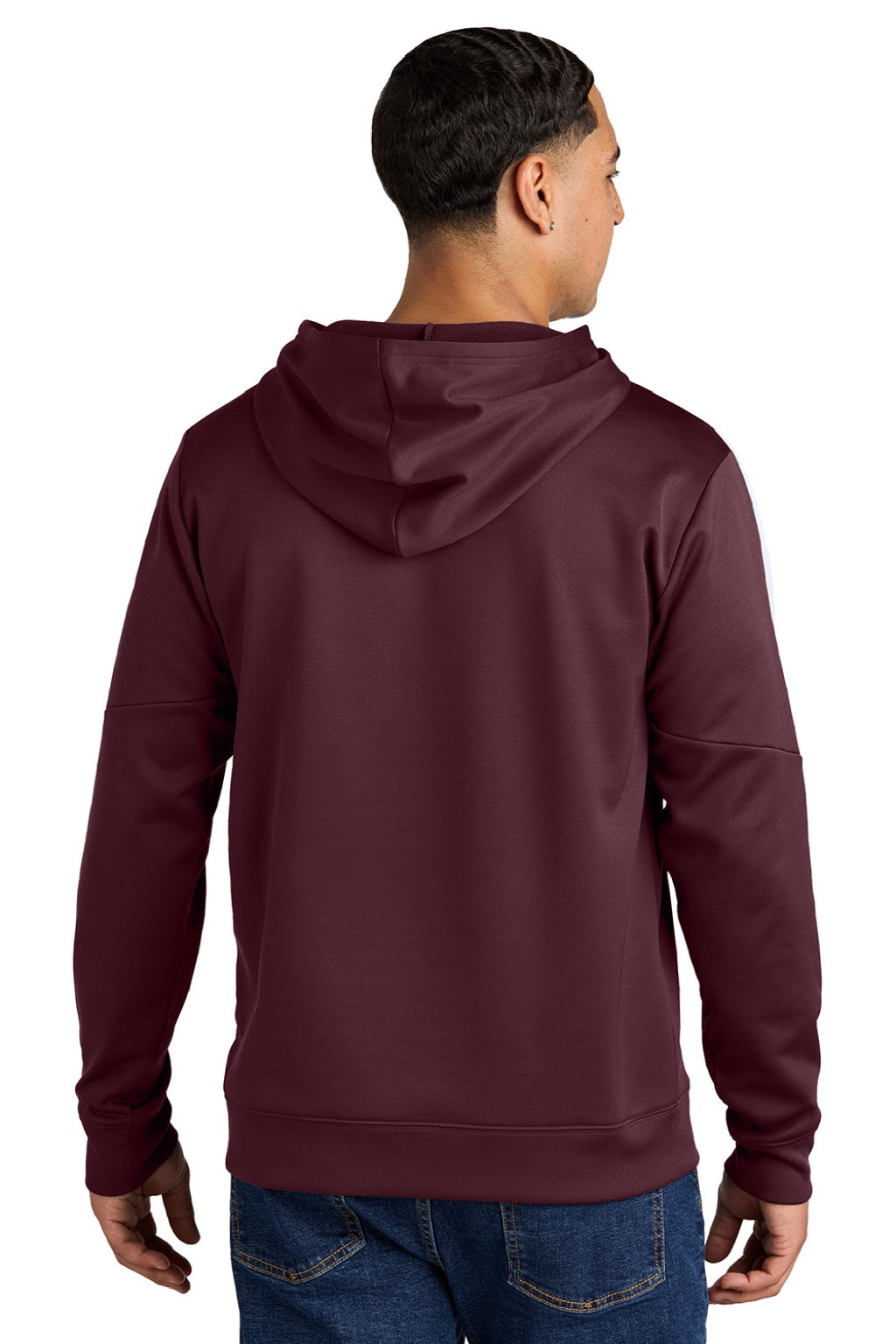 Sport-Tek ST255 Mens Sport-Wick Moisture Wicking United Fleece Hooded Sweatshirt Hoodie w/ Pouch Pocket Maroon/White Model Back