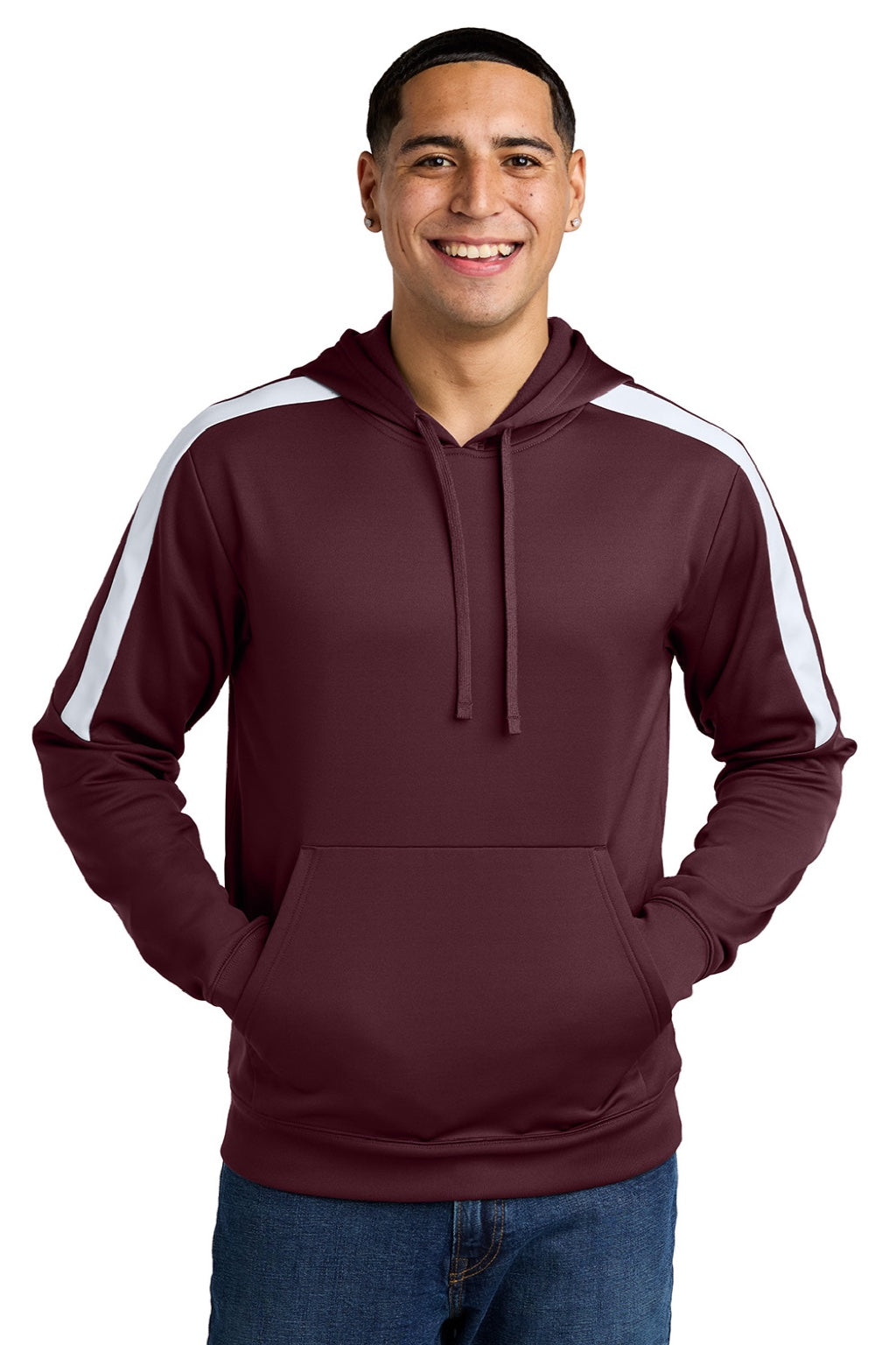 Sport-Tek ST255 Mens Sport-Wick Moisture Wicking United Fleece Hooded Sweatshirt Hoodie w/ Pouch Pocket Maroon/White Model Front
