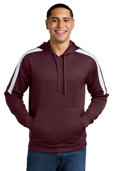 Sport-Tek ST255 Mens Sport-Wick Moisture Wicking United Fleece Hooded Sweatshirt Hoodie w/ Pouch Pocket Maroon/White Model Front