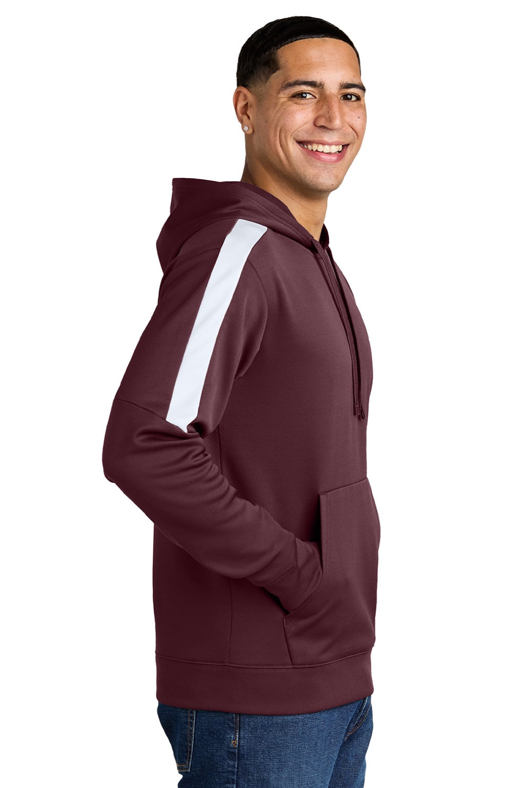 Sport-Tek ST255 Mens Sport-Wick Moisture Wicking United Fleece Hooded Sweatshirt Hoodie w/ Pouch Pocket Maroon/White Model Side