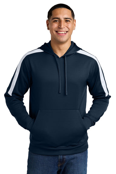 Sport-Tek ST255 Mens Sport-Wick Moisture Wicking United Fleece Hooded Sweatshirt Hoodie w/ Pouch Pocket Navy Blue/White Model Front