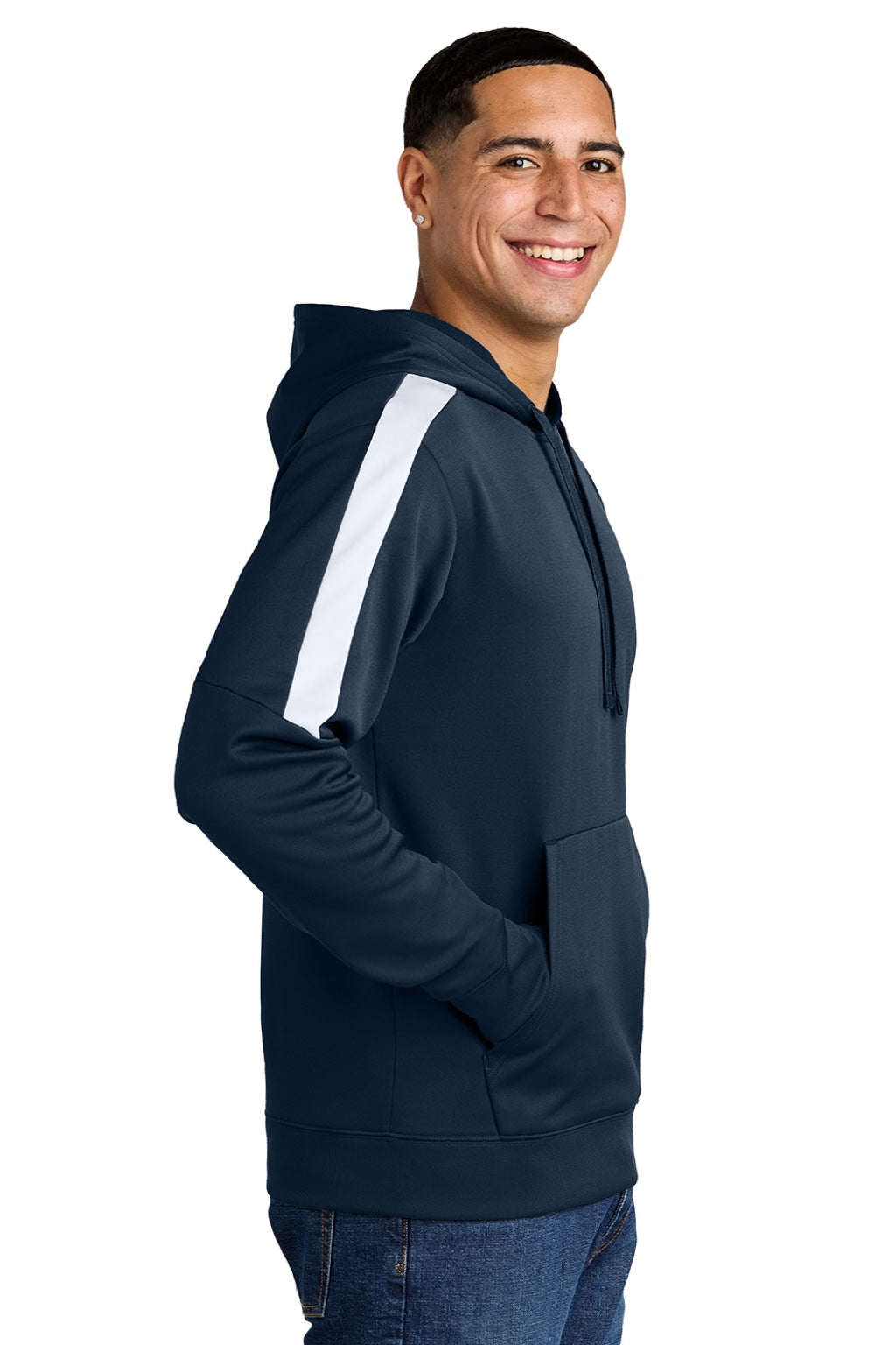 Sport-Tek ST255 Mens Sport-Wick Moisture Wicking United Fleece Hooded Sweatshirt Hoodie w/ Pouch Pocket Navy Blue/White Model Side