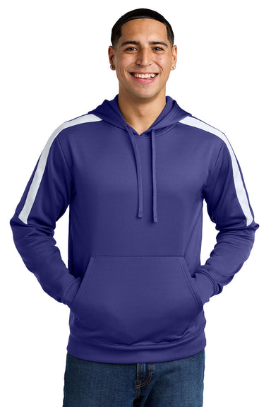 Sport-Tek ST255 Mens Sport-Wick Moisture Wicking United Fleece Hooded Sweatshirt Hoodie w/ Pouch Pocket Purple/White Model Front