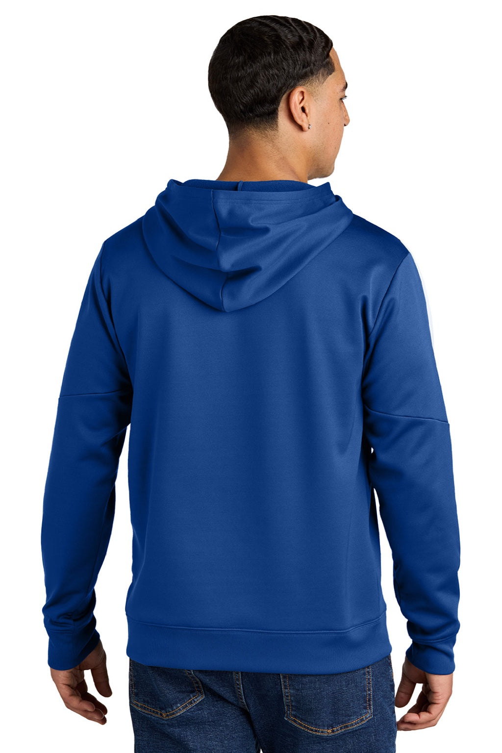 Sport-Tek ST255 Mens Sport-Wick Moisture Wicking United Fleece Hooded Sweatshirt Hoodie w/ Pouch Pocket True Royal Blue/White Model Back