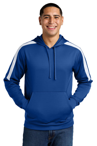 Sport-Tek ST255 Mens Sport-Wick Moisture Wicking United Fleece Hooded Sweatshirt Hoodie w/ Pouch Pocket True Royal Blue/White Model Front