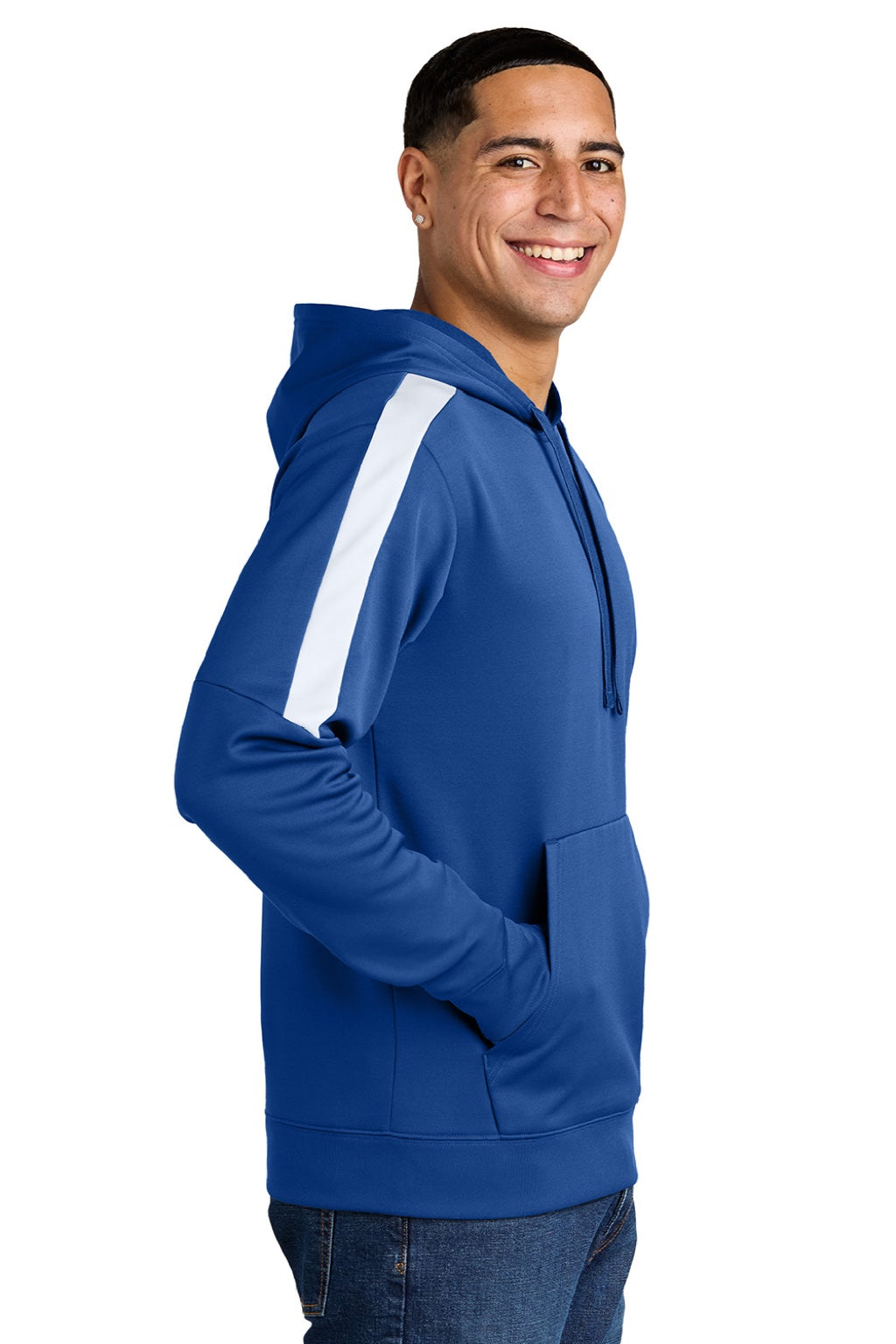 Sport-Tek ST255 Mens Sport-Wick Moisture Wicking United Fleece Hooded Sweatshirt Hoodie w/ Pouch Pocket True Royal Blue/White Model Side