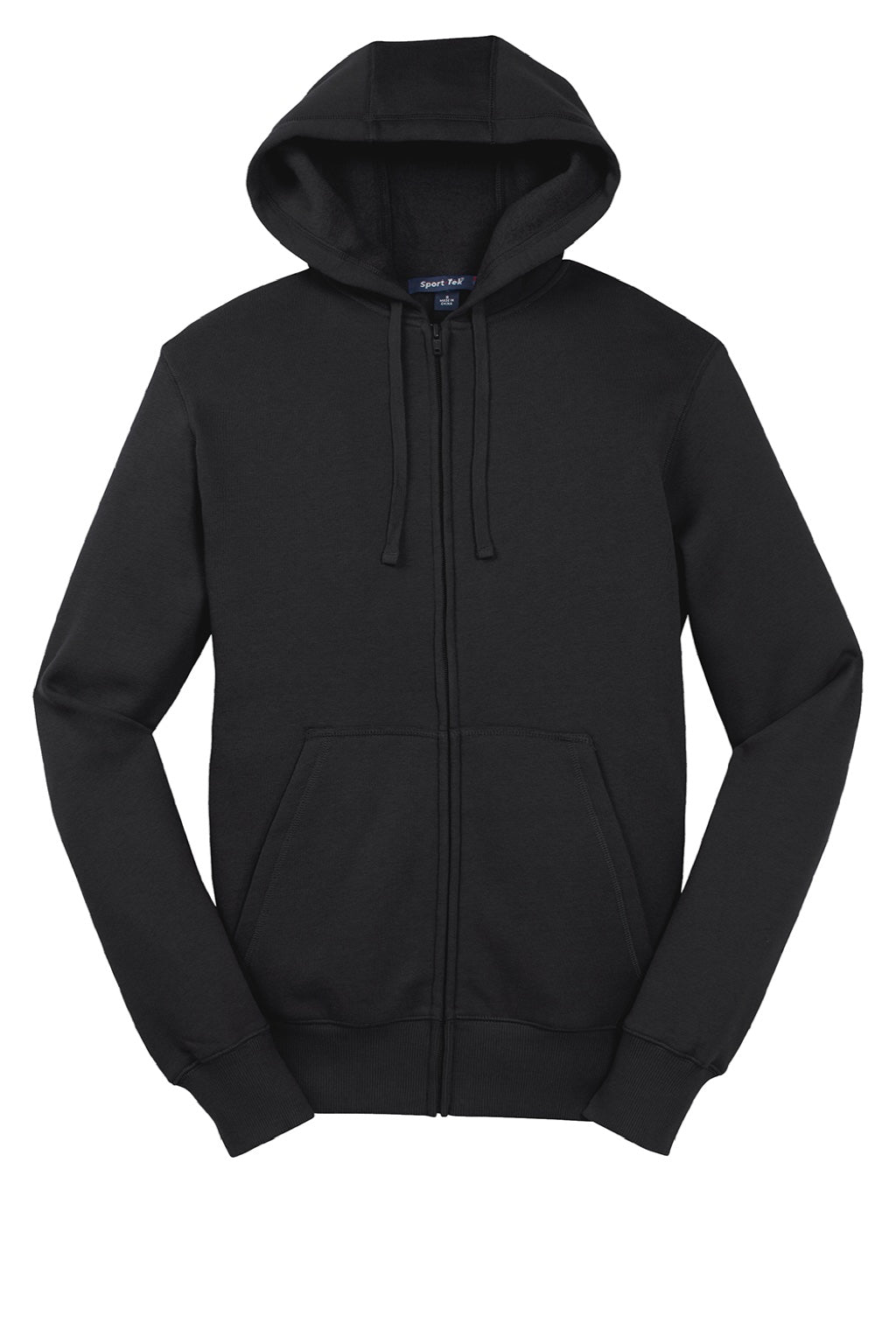 Sport-Tek ST258 Mens Fleece Full Zip Hooded Sweatshirt Hoodie w/ Pouch Pocket Black Flat Front