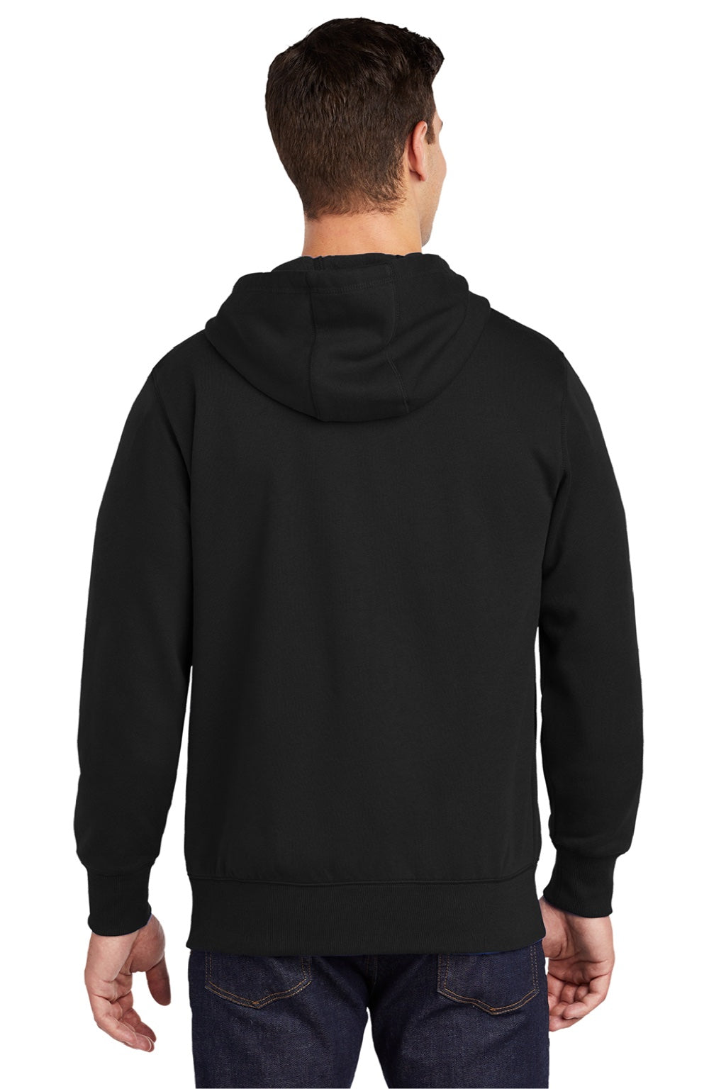 Sport-Tek ST258 Mens Fleece Full Zip Hooded Sweatshirt Hoodie w/ Pouch Pocket Black Model Back