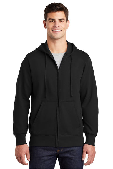 Sport-Tek ST258 Mens Fleece Full Zip Hooded Sweatshirt Hoodie w/ Pouch Pocket Black Model Front