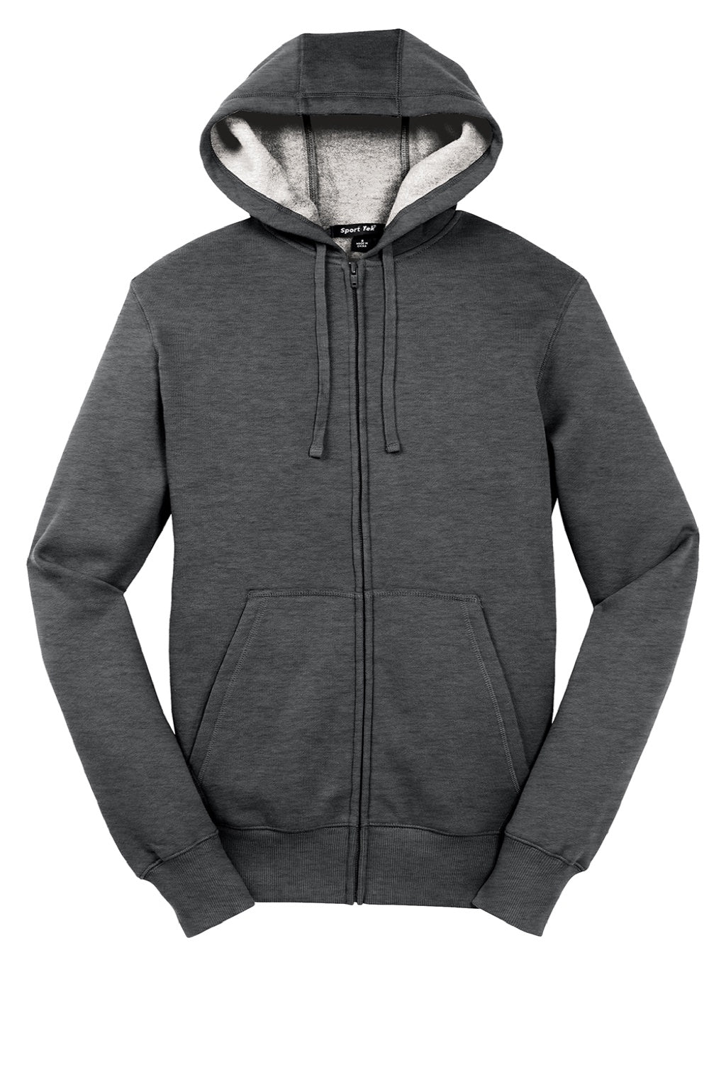 Sport-Tek ST258 Mens Fleece Full Zip Hooded Sweatshirt Hoodie w/ Pouch Pocket Heather Graphite Grey Flat Front