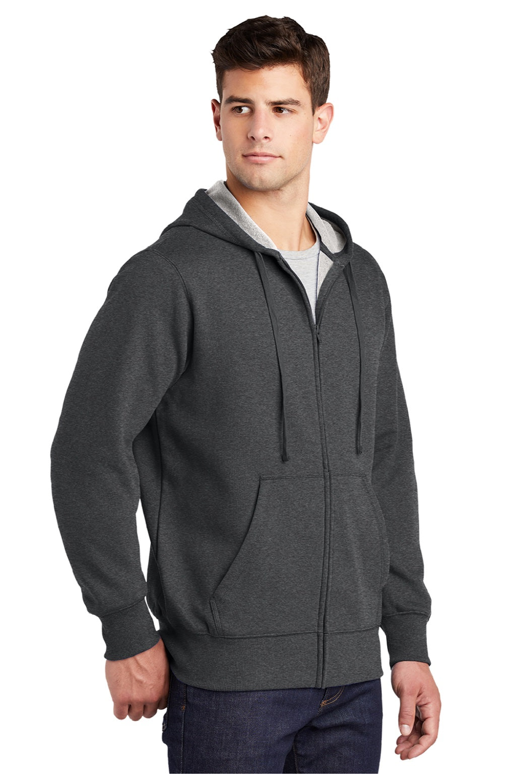 Sport-Tek ST258 Mens Fleece Full Zip Hooded Sweatshirt Hoodie w/ Pouch Pocket Heather Graphite Grey Model 3q